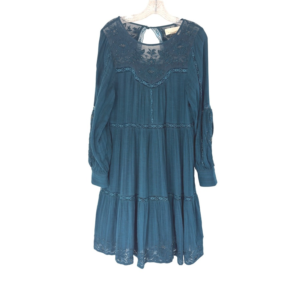 Anthropologie Sharon Embroidered Tunic Dress Teal Beaded Floral Lace Boho Small